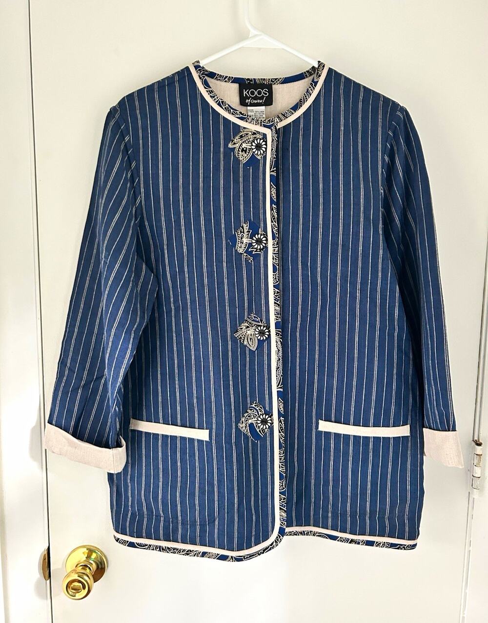 Koos of Course! Women’s Collarless Linen Button Striped Jacket Blue White Size S